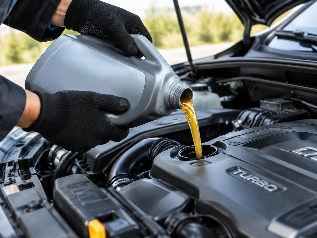 Fresh engine oil being poured during a vehicle service