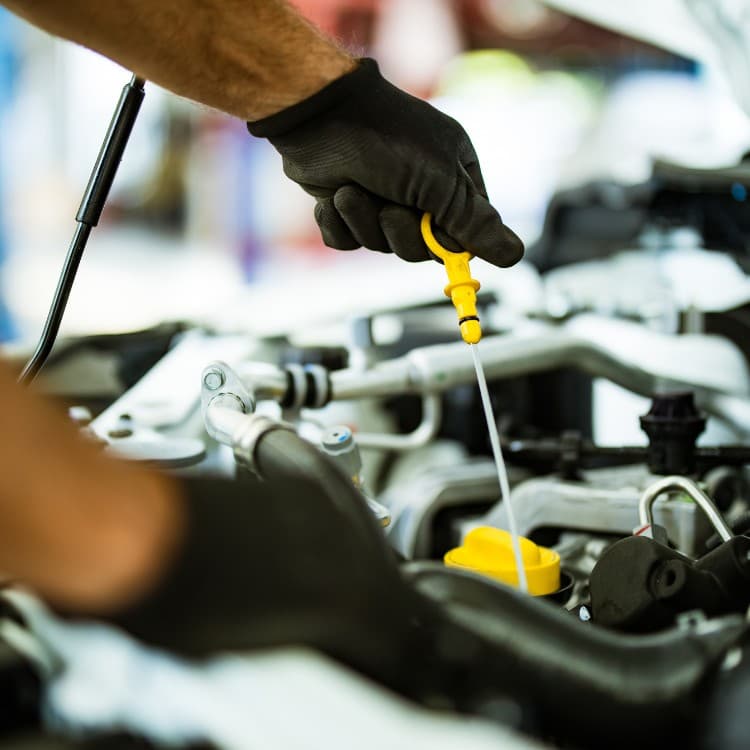 Technician checking the engine oil level with the dipstick